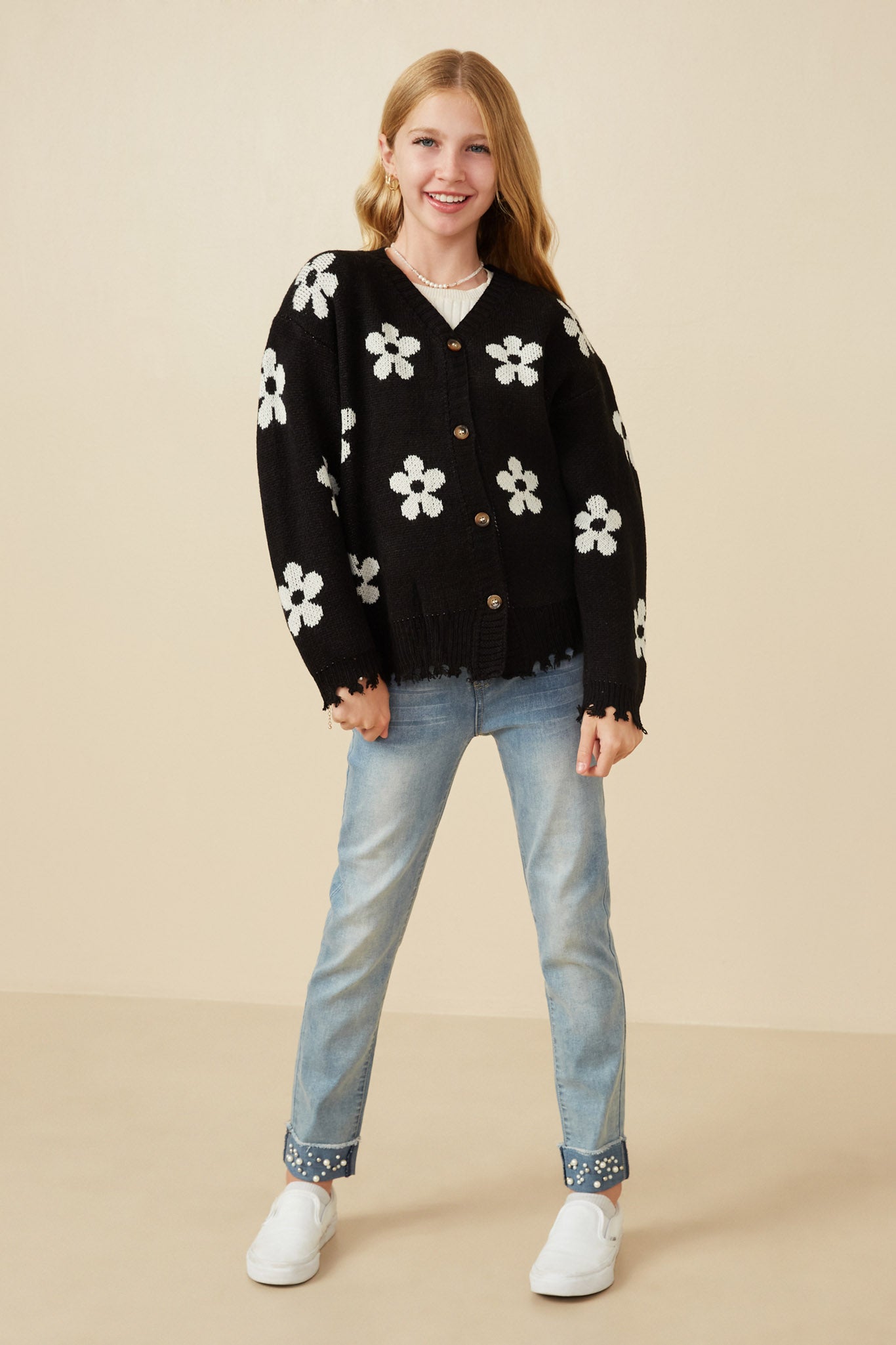 Distressed Floral Patterned Cardigan