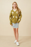 GY7434 Olive Girls Distressed Floral Patterned Cardigan Full Body