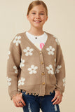 GY7434 Taupe Girls Distressed Floral Patterned Cardigan Front