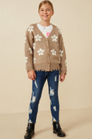 GY7434 Taupe Girls Distressed Floral Patterned Cardigan Full Body