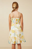 GY7438 Yellow Girls Tropic Foliage Print Smocked Tank Dress Back