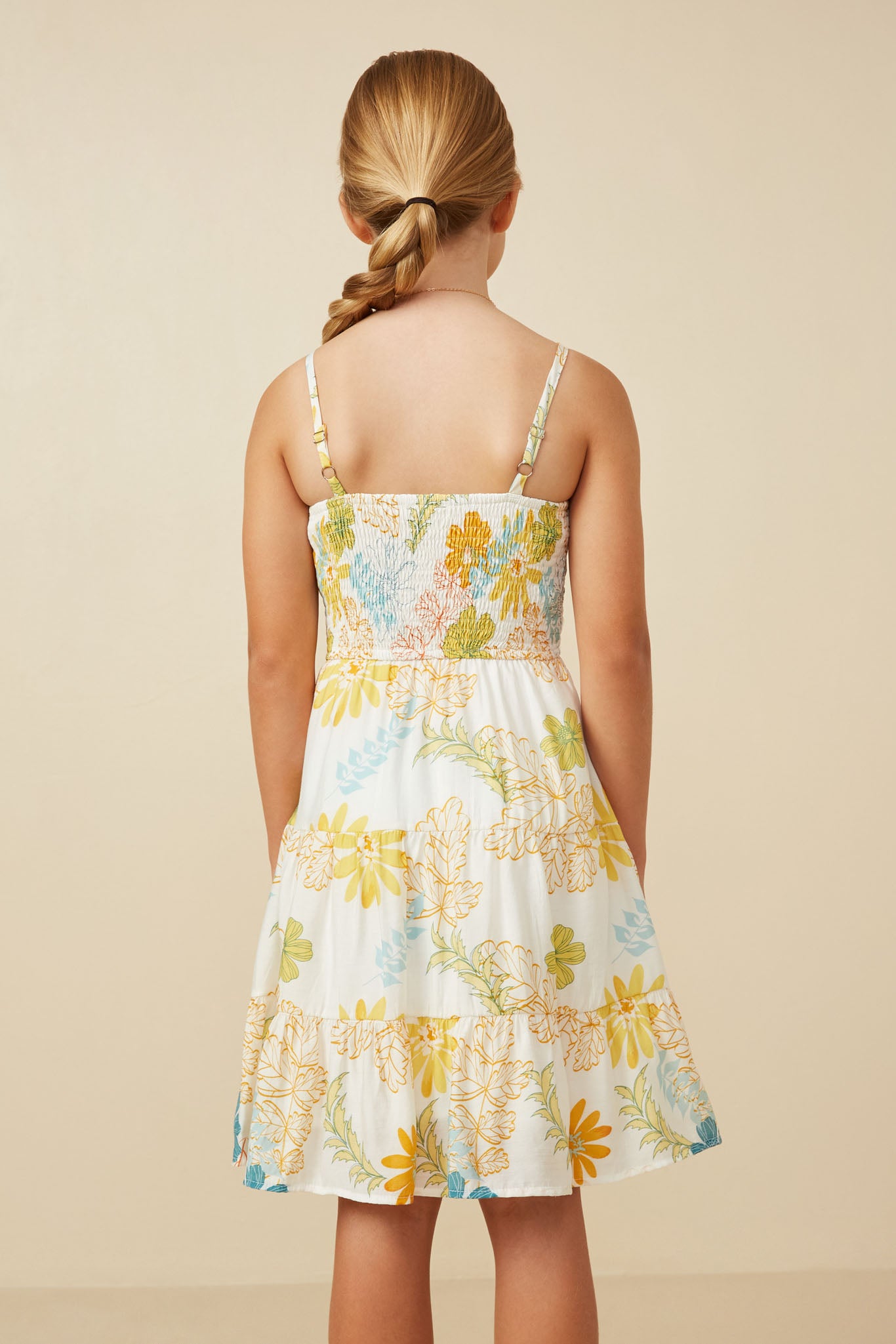 GY7438 Yellow Girls Tropic Foliage Print Smocked Tank Dress Back