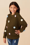 GY7439 Olive Girls Low Gauge Hand-Made Floral Crochet Sweater Pose
