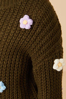 GY7439 Olive Girls Low Gauge Hand-Made Floral Crochet SweaterDetail