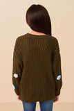 GY7439 Olive Girls Low Gauge Hand-Made Floral Crochet Sweater Back