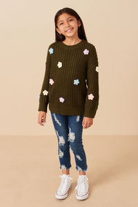 GY7439 Olive Girls Low Gauge Hand-Made Floral Crochet Sweater Full Body