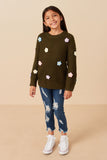 GY7439 Olive Girls Low Gauge Hand-Made Floral Crochet Sweater Full Body