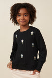 GY7443 Black Girls Cable Knit Floral Embroidered Long Sleeve Top Front