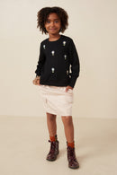 GY7443 Black Girls Cable Knit Floral Embroidered Long Sleeve Top Full Body
