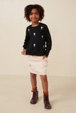 GY7443 Black Girls Cable Knit Floral Embroidered Long Sleeve Top Full Body
