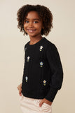 GY7443 Black Girls Cable Knit Floral Embroidered Long Sleeve Top Side