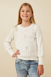 GY7443 Ivory Girls Cable Knit Floral Embroidered Long Sleeve Top Front