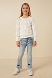 GY7443 Ivory Girls Cable Knit Floral Embroidered Long Sleeve Top Full Body