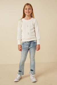 GY7443 Ivory Girls Cable Knit Floral Embroidered Long Sleeve Top Full Body