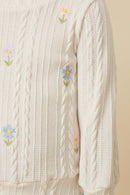 GY7443 Ivory Girls Cable Knit Floral Embroidered Long Sleeve Top Detail