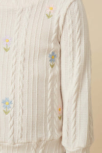 GY7443 Ivory Girls Cable Knit Floral Embroidered Long Sleeve Top Detail