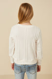 GY7443 Ivory Girls Cable Knit Floral Embroidered Long Sleeve Top Back