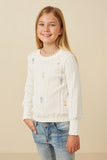 GY7443 Ivory Girls Cable Knit Floral Embroidered Long Sleeve Top Front 2
