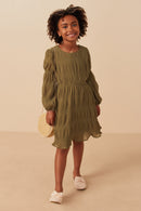 Girls Mixed Pleated Peasant Sleeve Dress Full Body