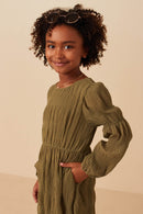 Girls Mixed Pleated Peasant Sleeve Dress Side