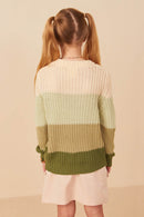 GY7462 Olive Girls Color Block Low Gauge Mock Neck Sweater Back