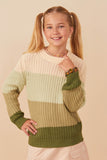 GY7462 Olive Girls Color Block Low Gauge Mock Neck Sweater Front