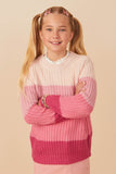 GY7462 Pink Girls Color Block Low Gauge Mock Neck Sweater Front