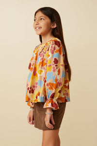 GY7474 Brown Girls Abstract Floral Smocked Yoke Top Side