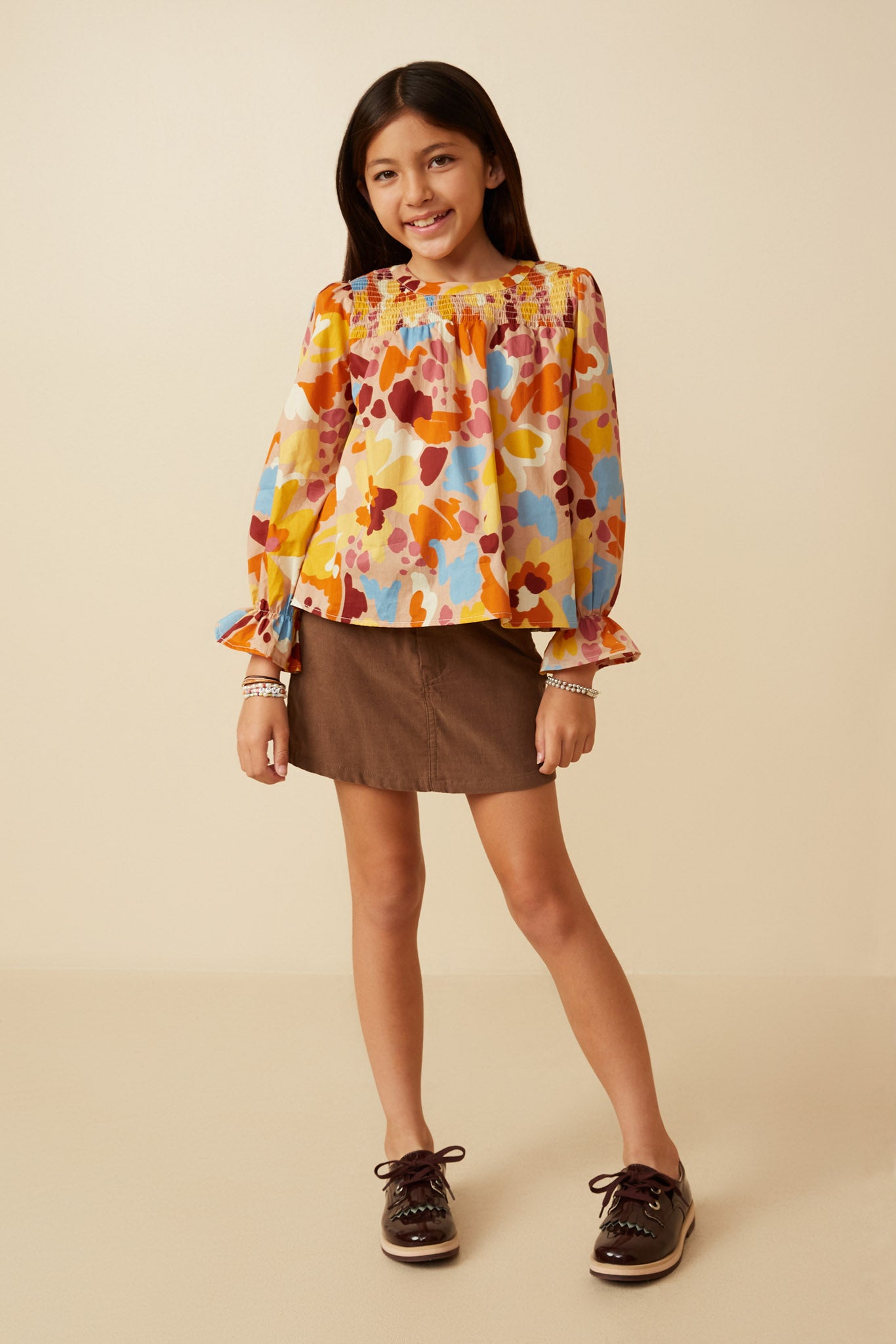 GY7474 Brown Girls Abstract Floral Smocked Yoke Top Full Body