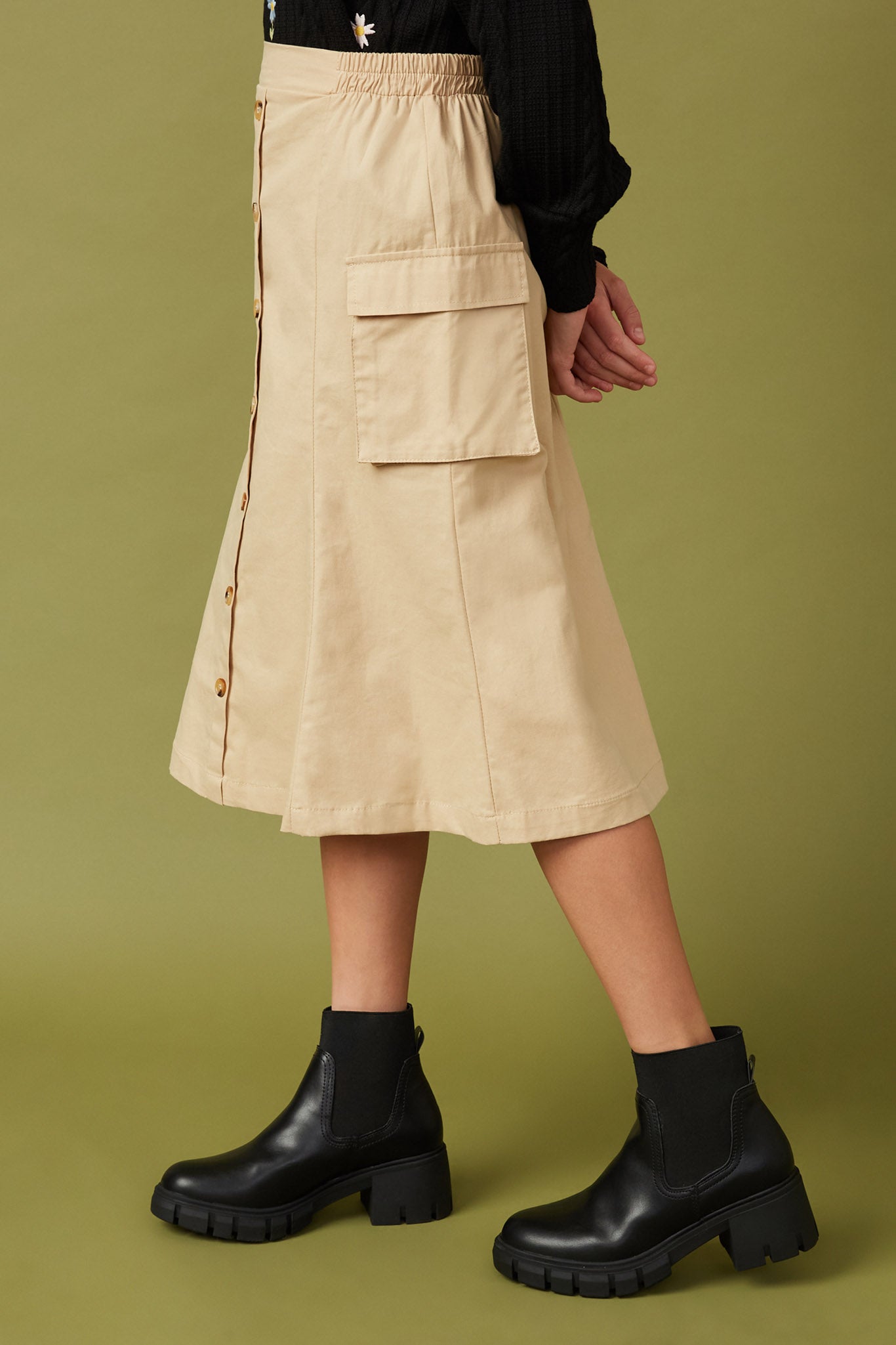 Button Down Cargo Pocket Midi Skirt