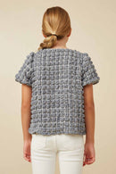 Girls Waffle Textured Puff Sleeve Top Back