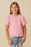 Girls Waffle Textured Puff Sleeve Top Front
