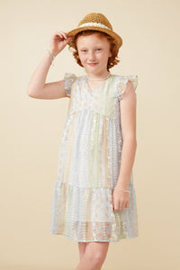 Girls Crochet Lace Textured Print Block Ruffle Sleeve Dress Front