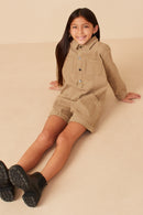 Girls Button Up Cargo Pocket Long Sleeve Romper Pose