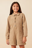 Girls Button Up Cargo Pocket Long Sleeve Romper Front