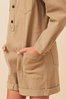 Girls Button Up Cargo Pocket Long Sleeve Romper Detail