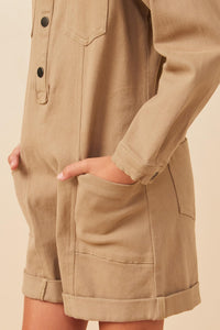 Girls Button Up Cargo Pocket Long Sleeve Romper Detail