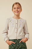GY7517 Taupe Girls Floral Embroidered Textured Knit Cardigan Front