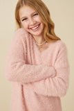 GY7522 Blush Girls Mohair V Neck Sweater Top Detail
