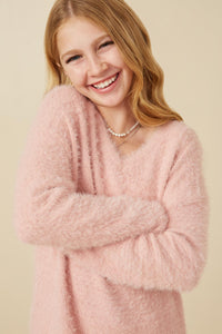 GY7522 Blush Girls Mohair V Neck Sweater Top Detail