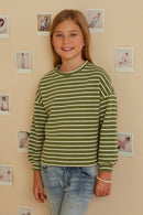 GY7528 Sage Girls Waffle Textured Striped Drop Shoulder T Shirt Front