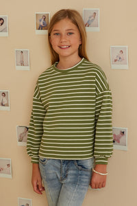 GY7528 Sage Girls Waffle Textured Striped Drop Shoulder T Shirt Front