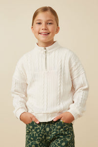 GY7530 Ivory Girls Cable Knit Long Sleeve Mock Neck Half Zip Top Front
