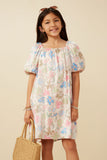 GY7532 Ivory Girls Floral Puff Sleeve Foiled Dress Front