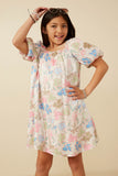 GY7532 Ivory Girls Floral Puff Sleeve Foiled Dress Pose