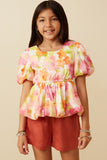 Satin Soft Floral Bubble Hem Foiled Peplum Top