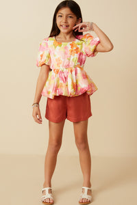 GY7533 Pink Mix Girls Satin Soft Floral Bubble Hem Foiled Peplum Top Full Body