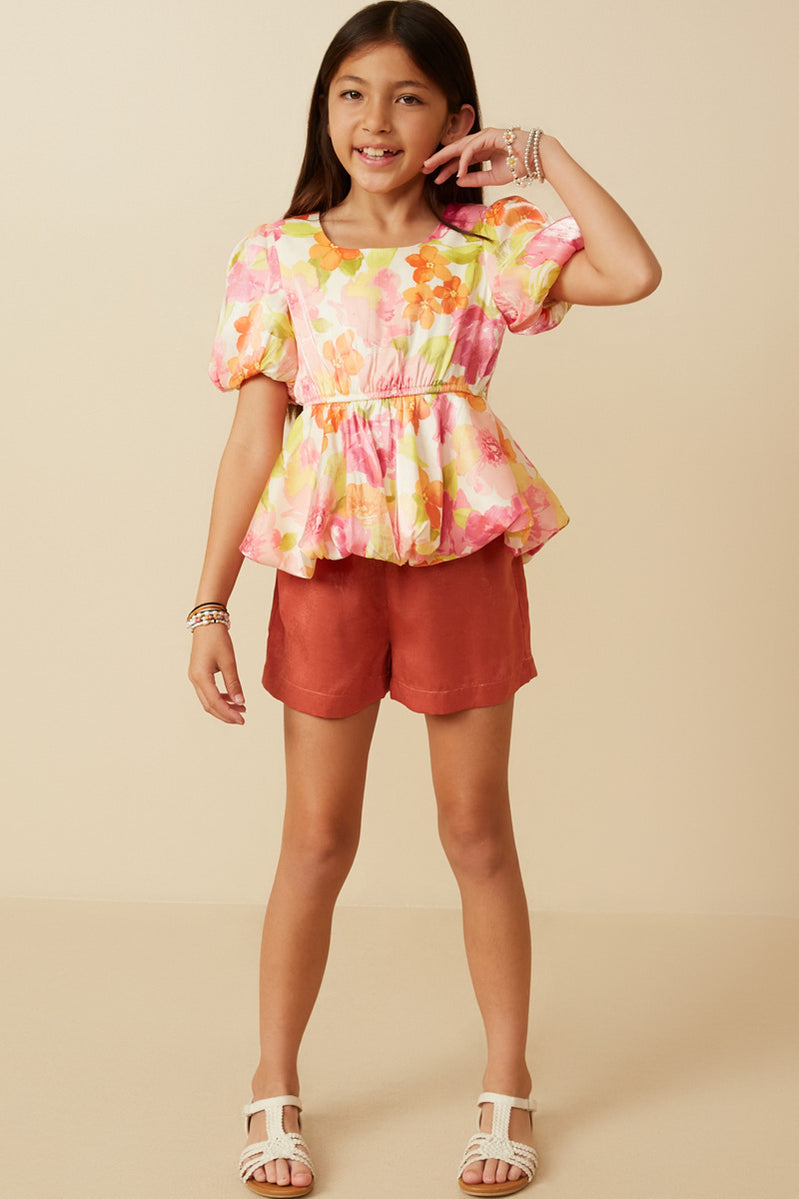 Satin Soft Floral Bubble Hem Foiled Peplum Top