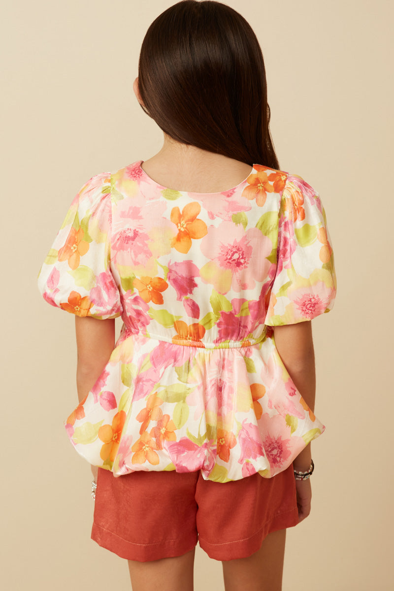 GY7533 Pink Mix Girls Satin Soft Floral Bubble Hem Foiled Peplum Top Back
