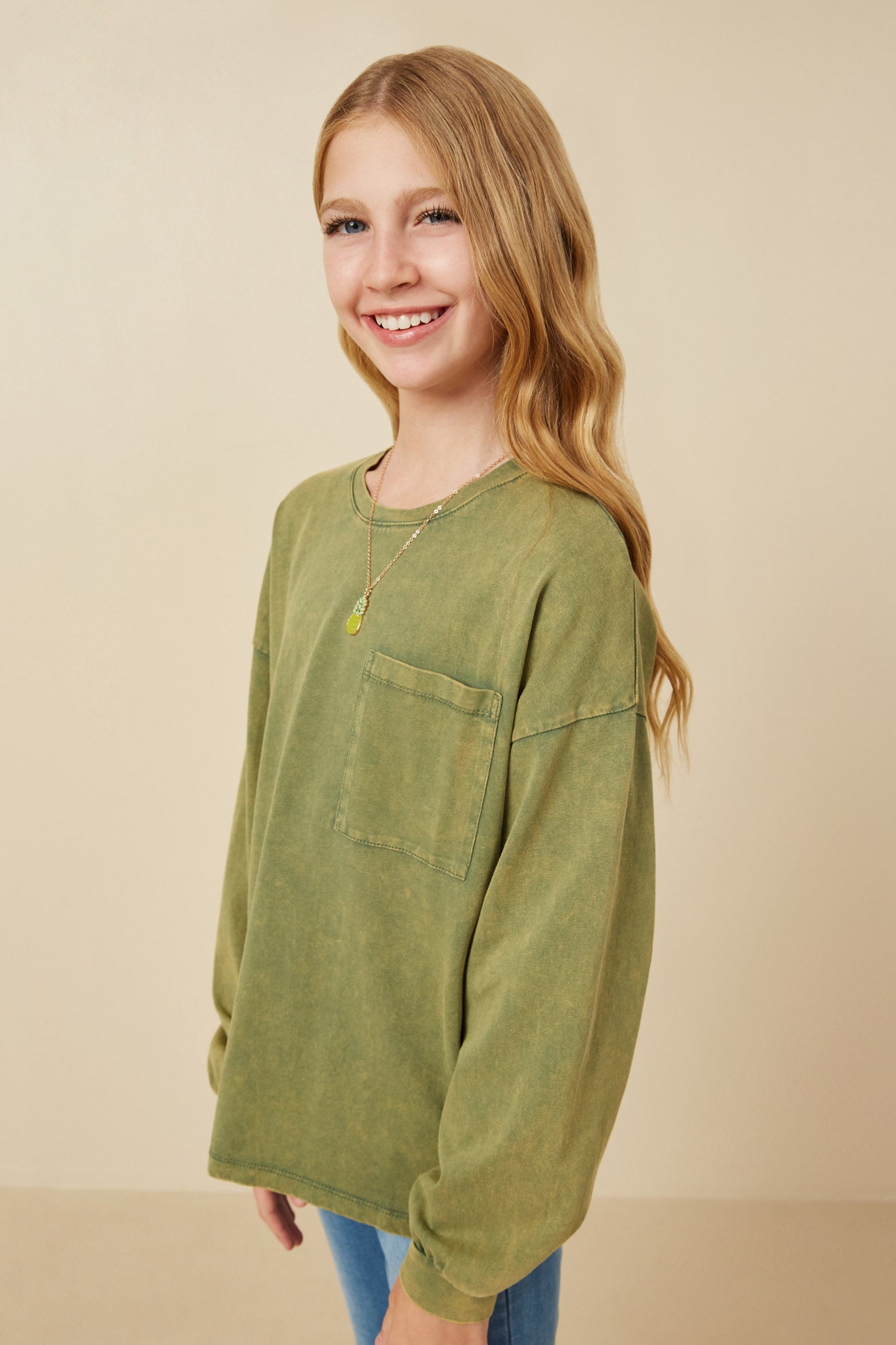 Girls Drop Shoulder Washed Long Sleeve Knit T Shirt Side